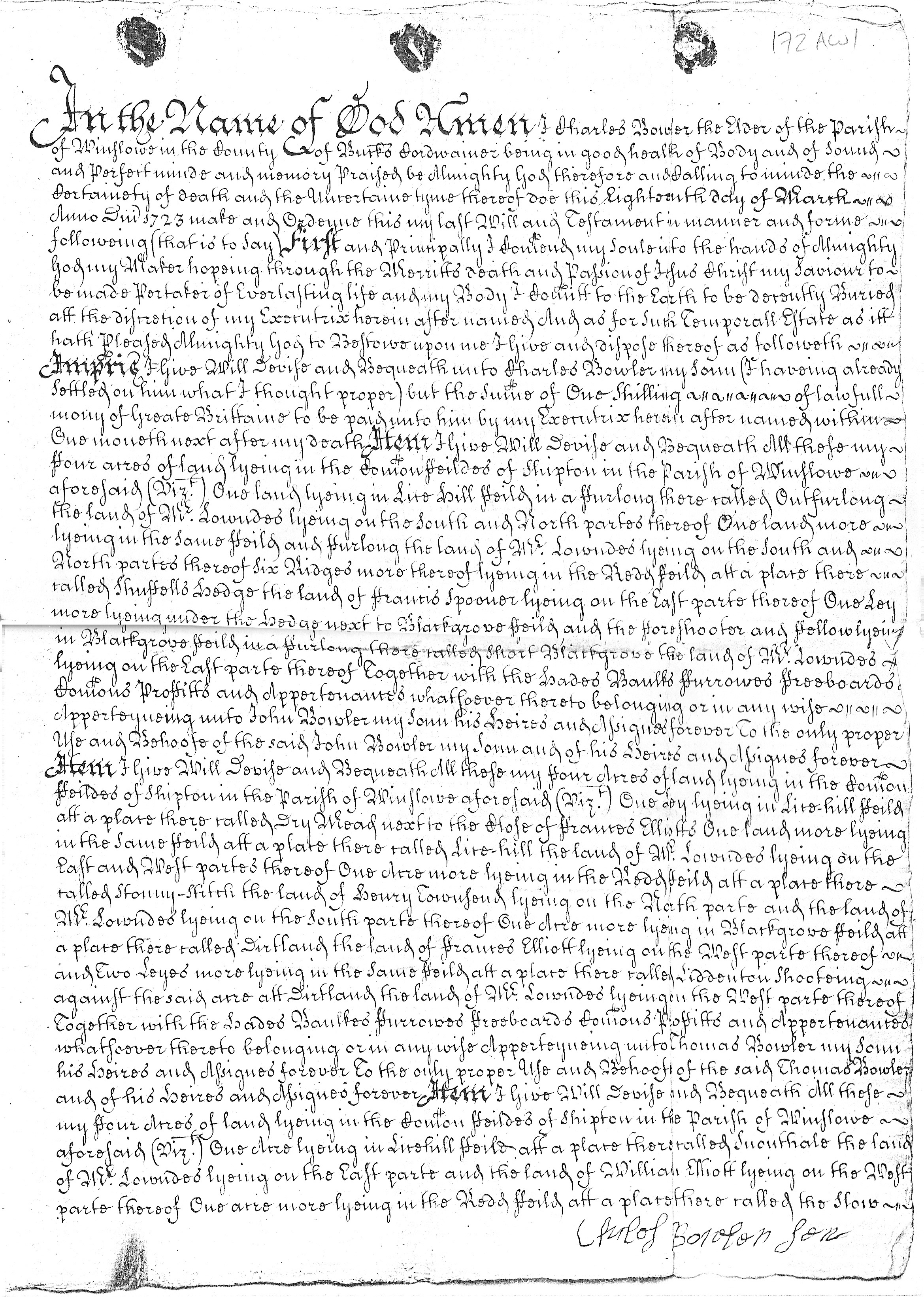 Will of Charles Bowler page 1