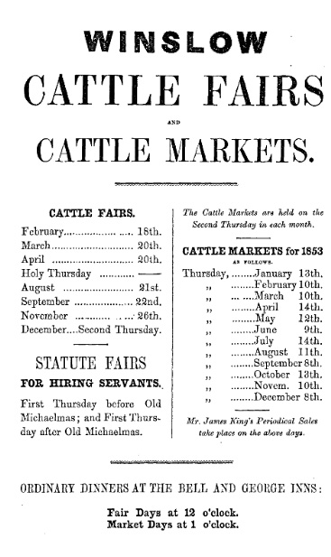 Advert for cattle fairs and markets, 1853
